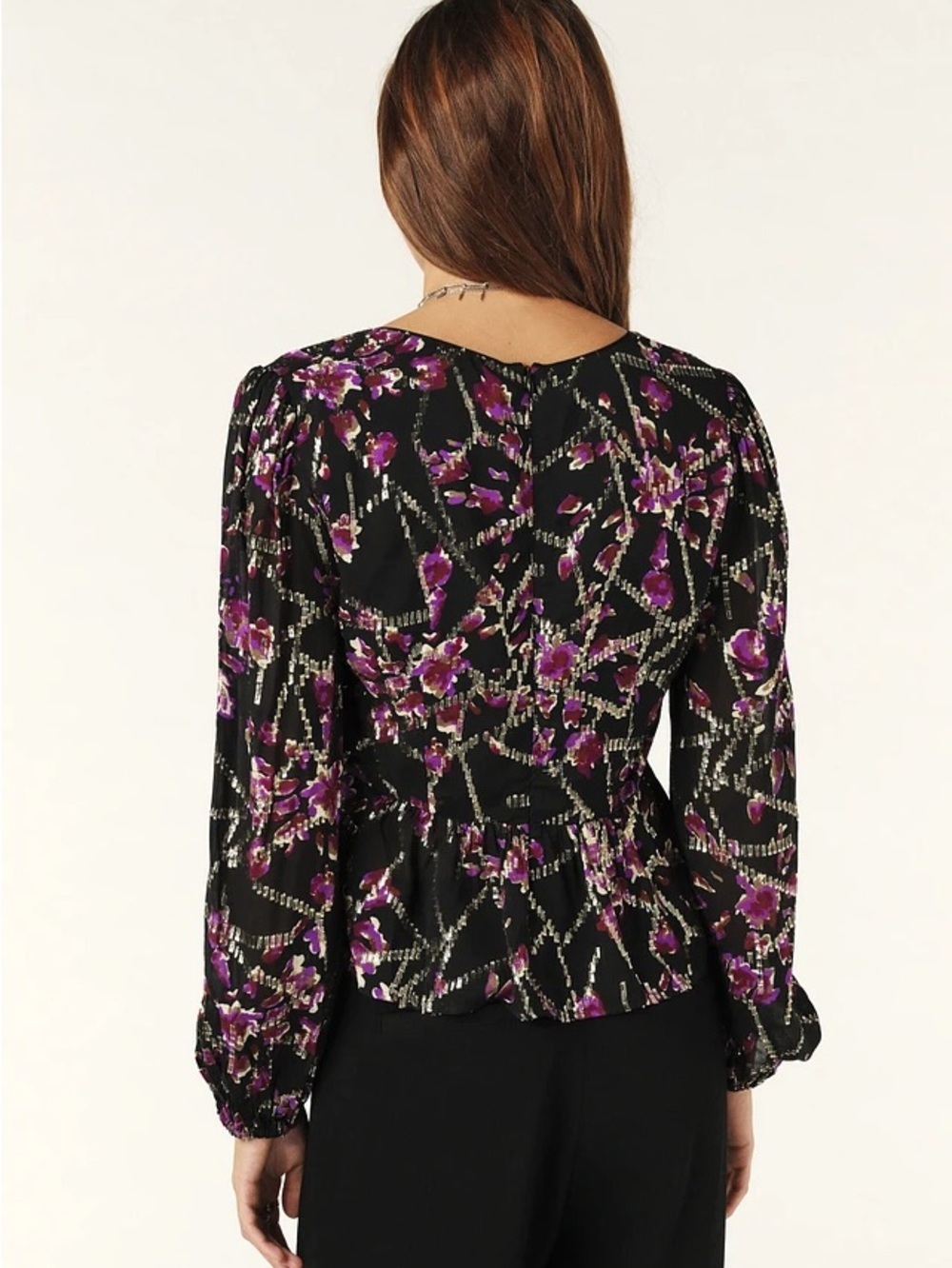 ba&sh Divine Silk Blend Gold Lurex Long Sleeved Peasant Top in Noir US Size 4 - Picture 4 of 15